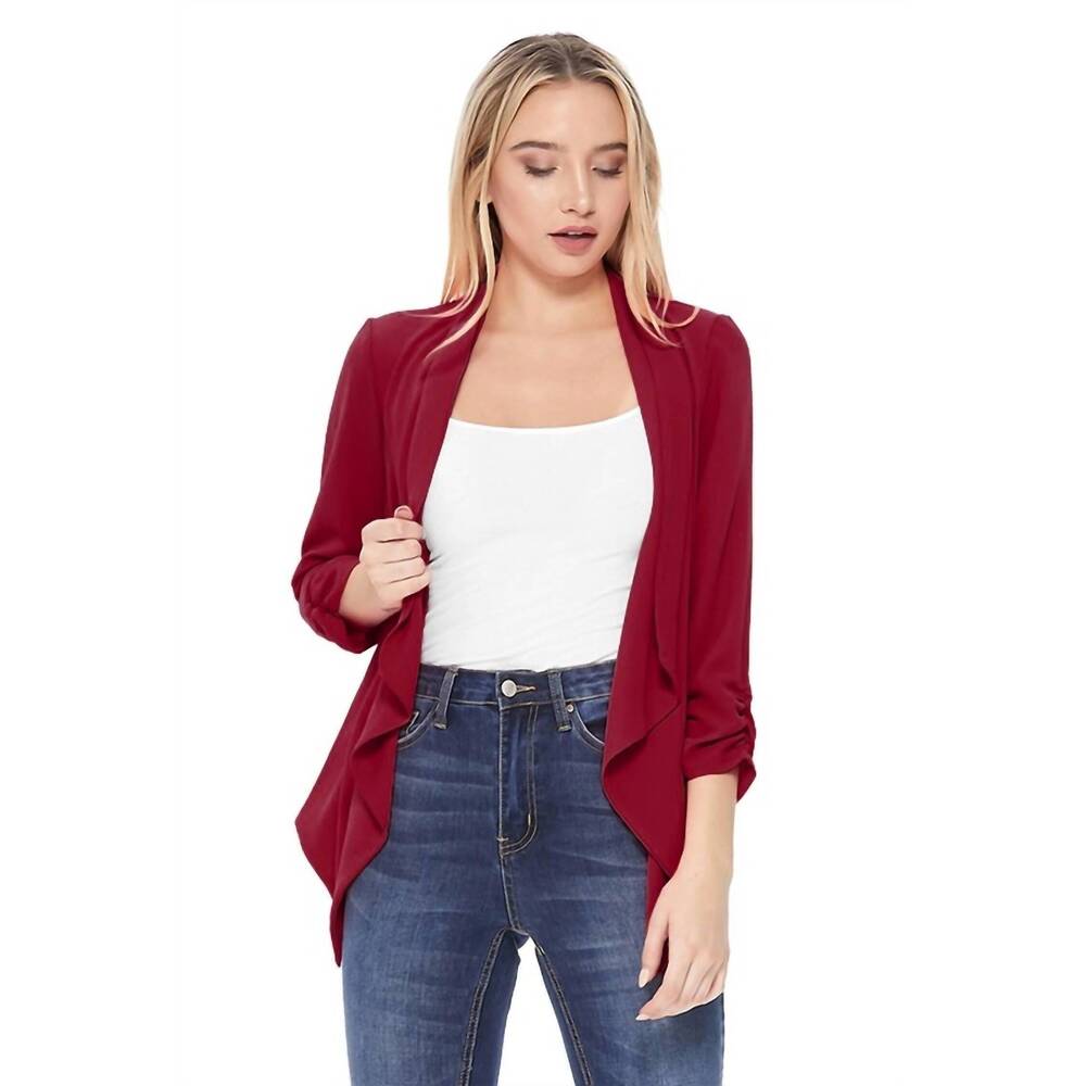 NEW MOA open front waist length blazer in burgundy